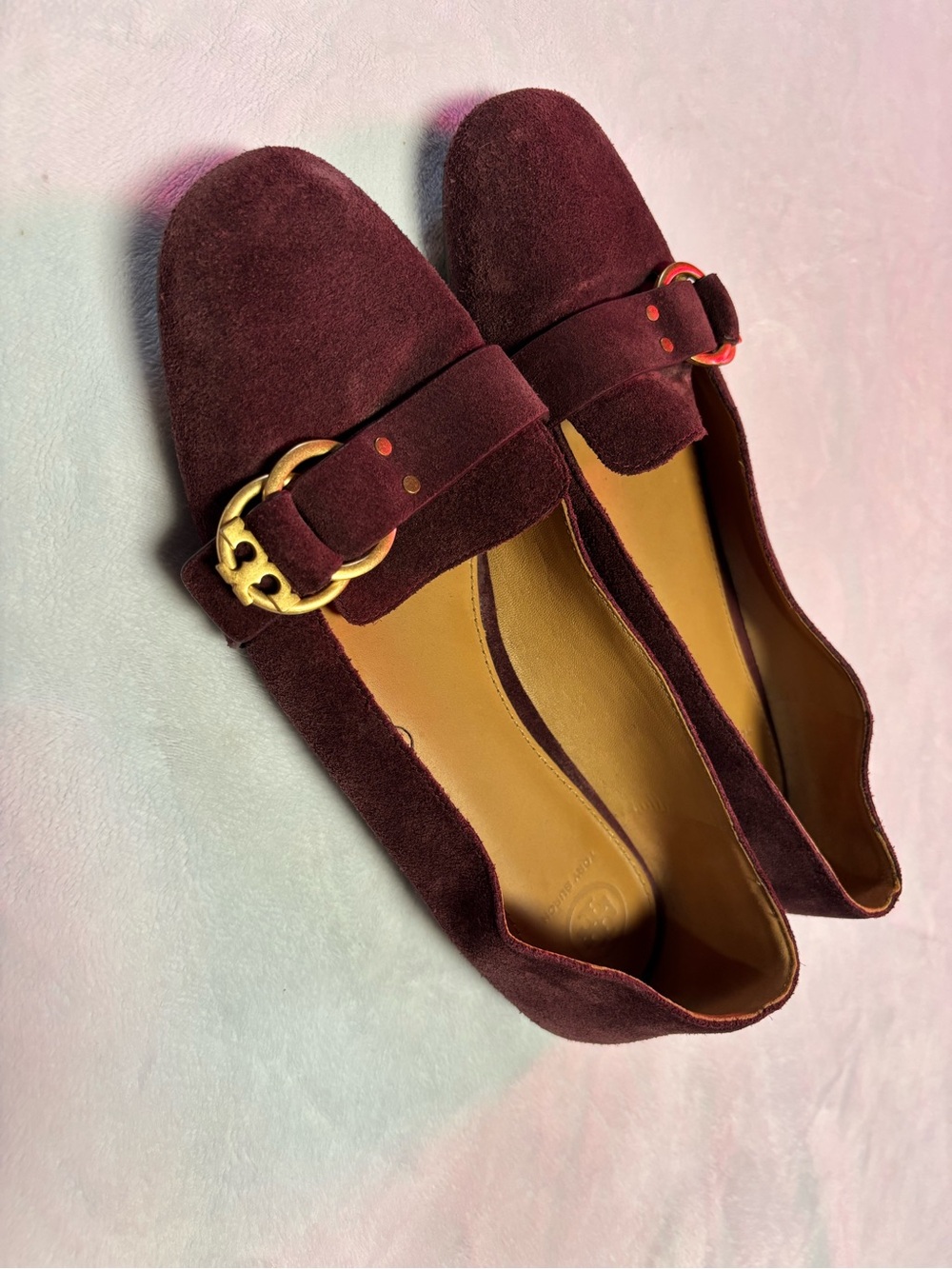 Tory Burch Marsden Burgundy Suede Loafers with Gold Buckle - Picture 2 of 8